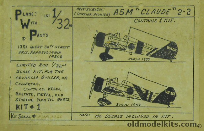 Planes With Pants 1/32 Mitsubishi A5M Claude Model 4, 1 plastic model kit